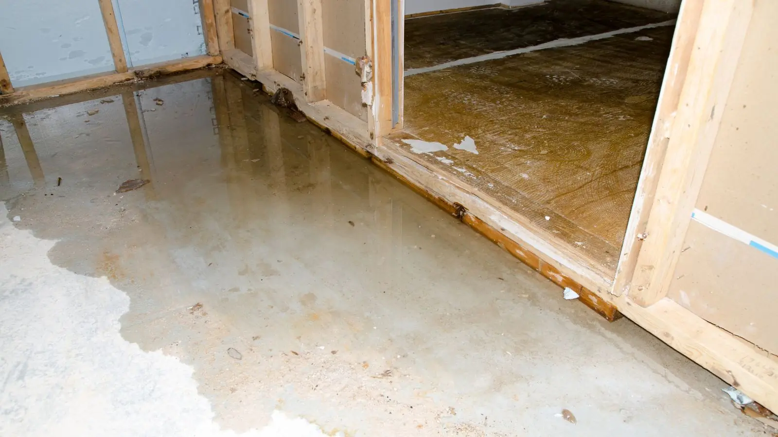 Opened wall framing and a wet concrete floor in a basement being restored