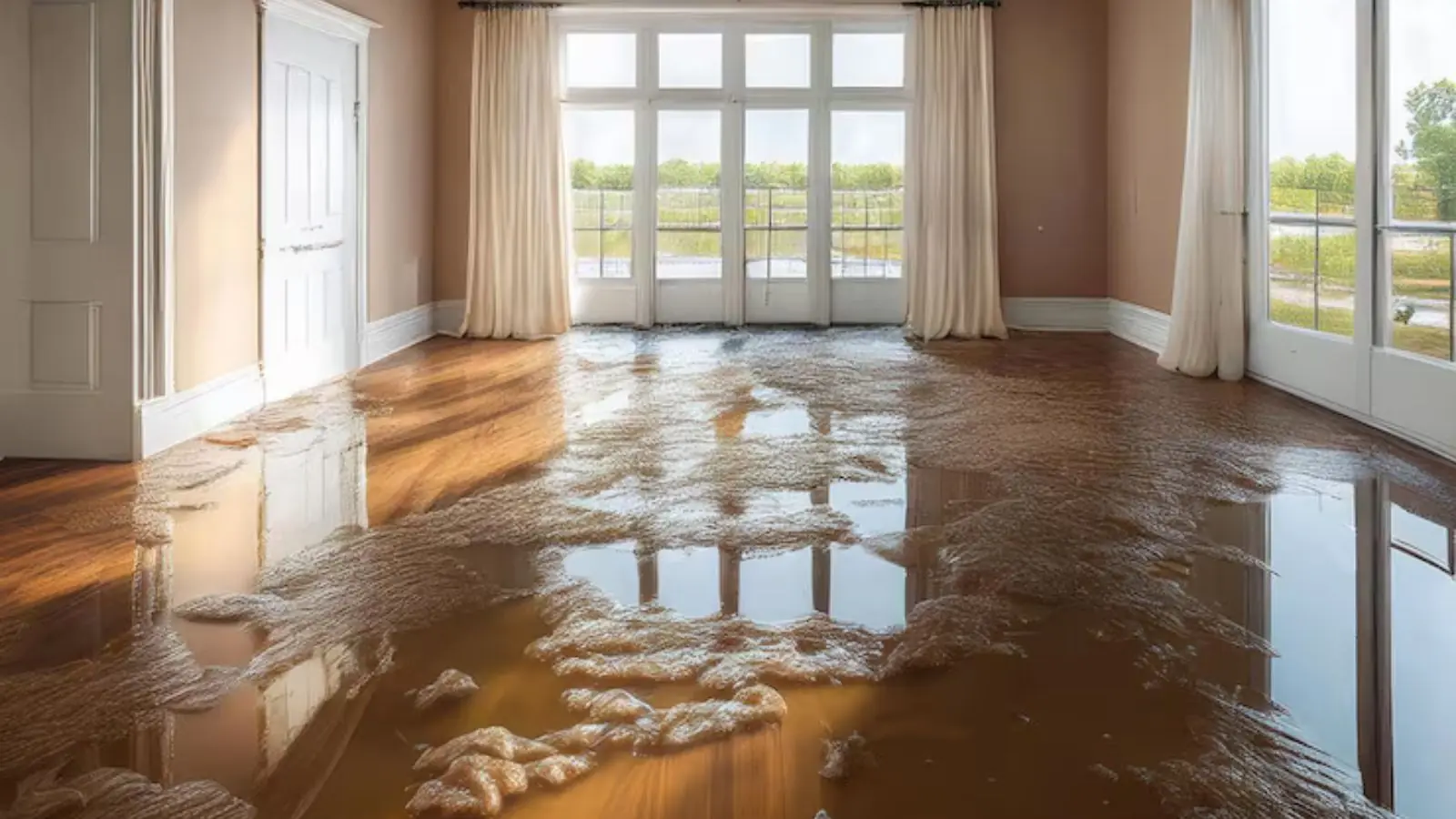 Hardwood floor in a bright room covered with a thin layer of water